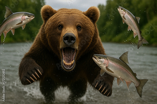 Grizzly Bear Hunting Salmon in the River