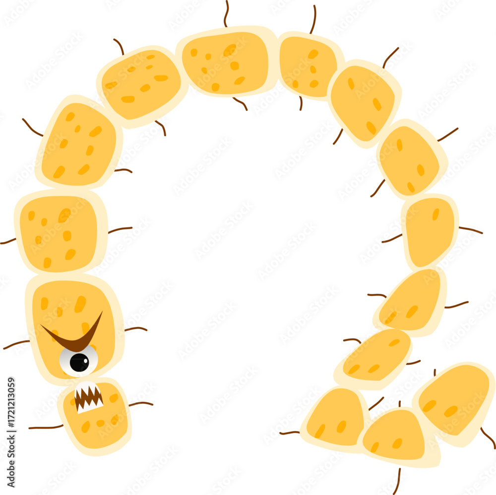 Fototapeta premium Cartoon Illustration of Angry Bacteria Character with Simple Yellow Segmented Body