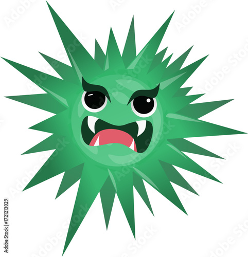 Cartoon Green Virus With Angry Expression and Spiky Appearance