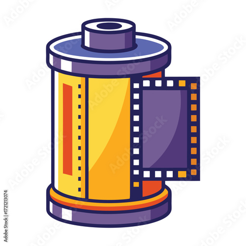 A yellow film roll displays classic photography with a purple strip on its side