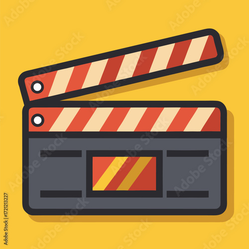 Open clapperboard showing its red and white stripes against a vibrant yellow background