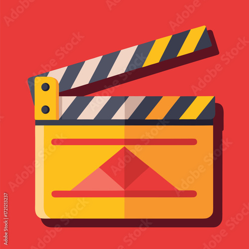 Flat yellow film clapperboard with open slate showing on vivid red background