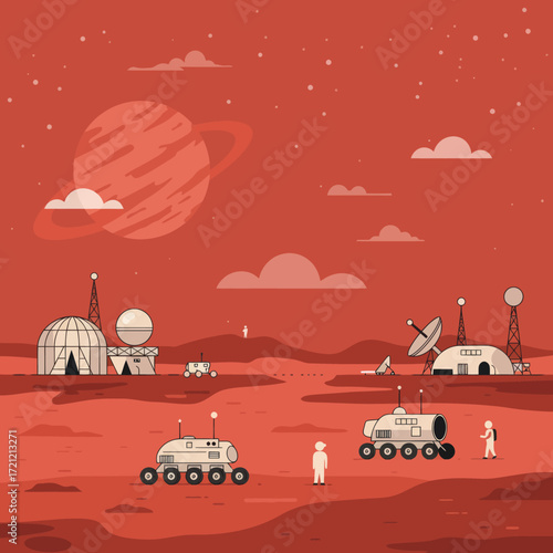 Martian colony settlement with rovers and futuristic buildings on red planet landscape, illustration