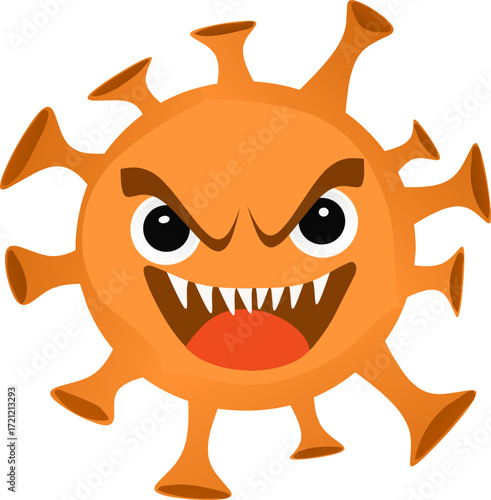 Cartoon Illustration of Angry Virus with Teeth and Intense Expression
