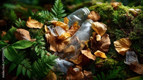 Plastic pollution with bottles and wrappers scattered in forest foliage