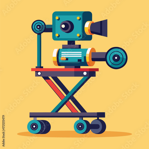 Vintage turquoise film camera is displayed on a blue and red platform against yellow backdrop