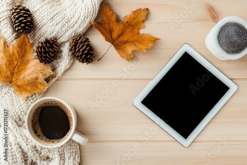 Autumn cozy flat lay with coffee and tablet