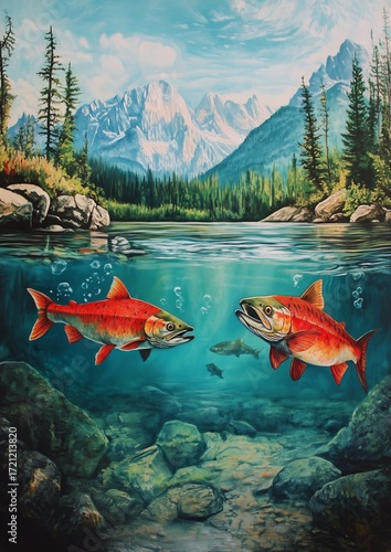 Underwater Scene With Salmon Swimming in Clear Lake Against Mountain Backdrop.