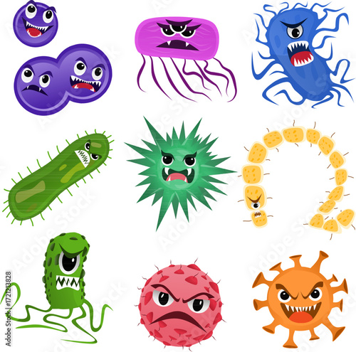 Cartoon Style Depictions of Colorful Angry Bacteria and Viruses on White Background
