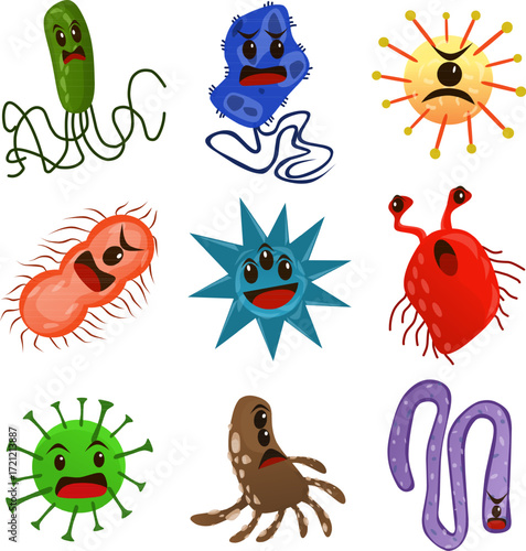 Cartoon Style Depictions of Colorful Angry Bacteria and Viruses on White Background