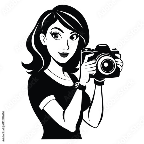 Caucasian woman holds a black camera up while smiling in a simple, flat style