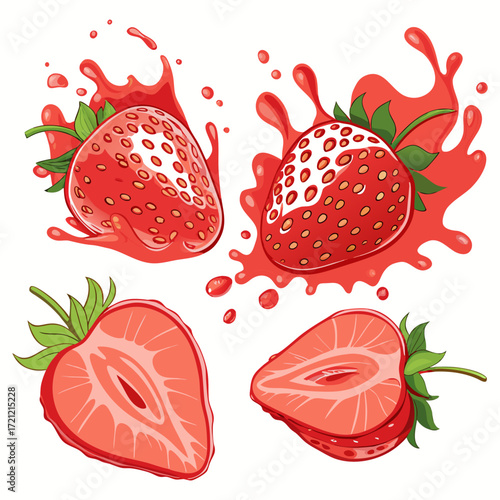 Juicy Strawberry Set with Slices and Splash Effect - Vector Design