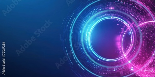 Creative abstract circular glowing technology background with purple pink blue light effects for business advertising and fintech promotional design elements and annual conference presentations.