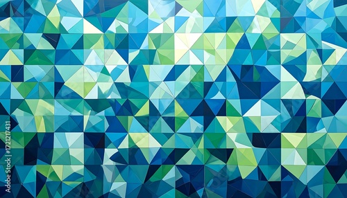 Abstract geometric pattern of overlapping teal, blue, and green triangles