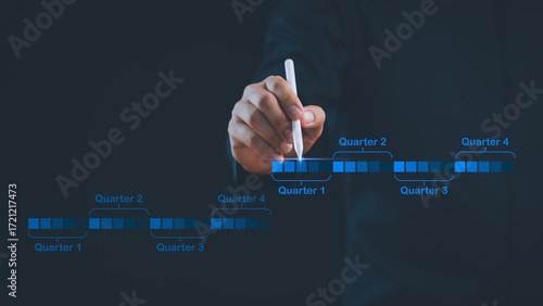 Business hand planning quarterly timeline with digital chart, representing project management, strategy, scheduling, corporate goals, and financial planning for effective business growth.