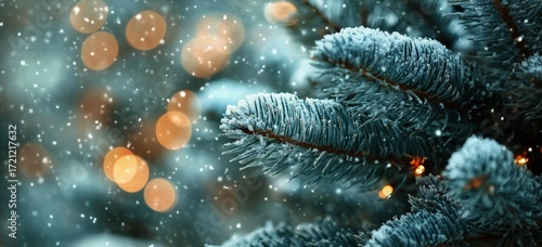Snow Falls Gently on a Spruce Tree Adorned With Warm Lights During the Festiv...