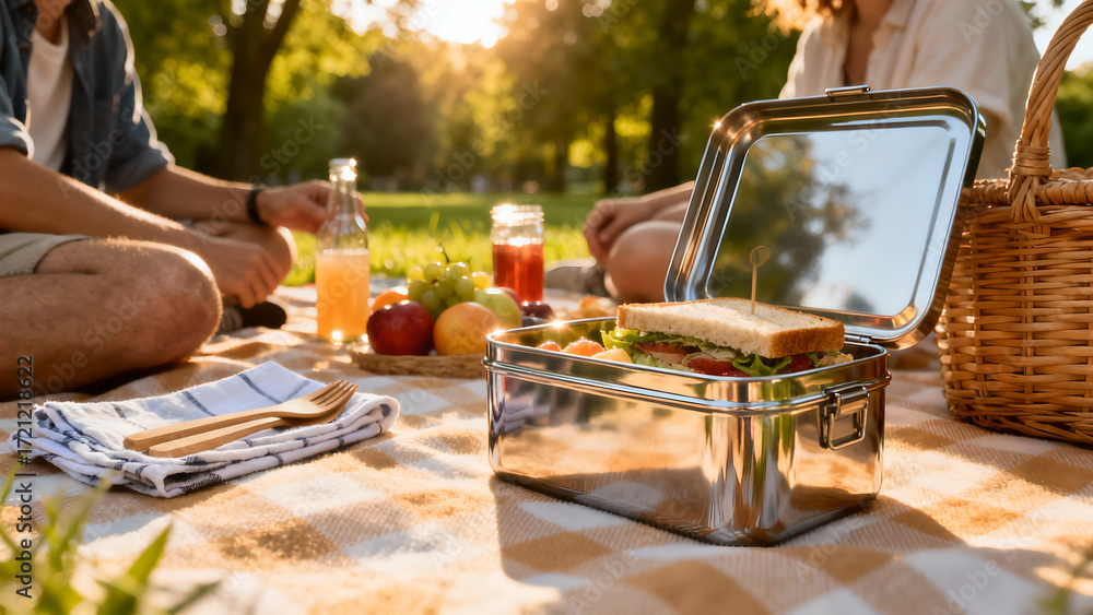 Fototapeta premium Picnic in the Park Enjoying a Relaxing Meal Outdoors with Sunshine and Fresh Air