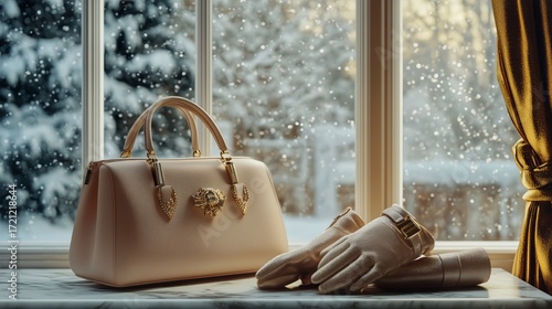 Stylish Winter Accessories on a Windowsill With Falling Snow at Sunset
