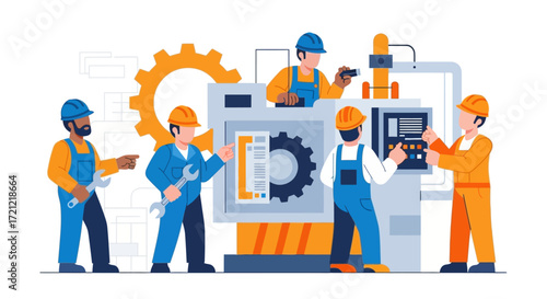 Machine Maintenance Crew Engineers and Technicians Repairing Industrial Equipment