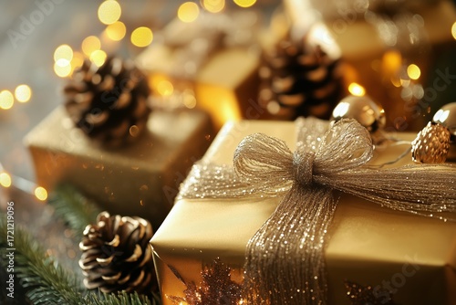Golden Gift Boxes With Bows and Pinecones Arranged on a Festive Background Du...
