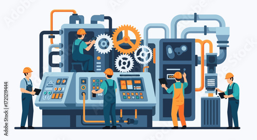 Industry Workers Collaborating on Complex Machinery A Visual Representation of Technical Processes in a Production Setting