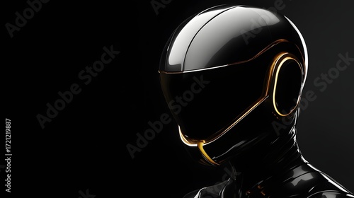 3D render of a sleek, black helmet with glowing orange accents against a dark background.