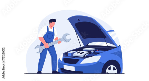 Skilled automobile mechanic performing professional vehicle inspection and repair services on a car with its hood open, ensuring optimal engine performance