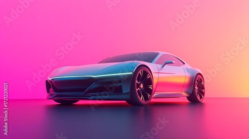 3D render of a futuristic, iridescent white coupe car against a vibrant pink background.