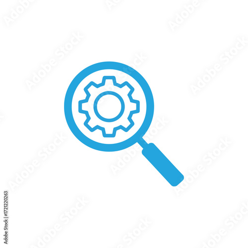 Flat icon of magnifying glass over gear