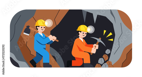 Mining illustration Two miners working inside a cave, digging for resources with tools