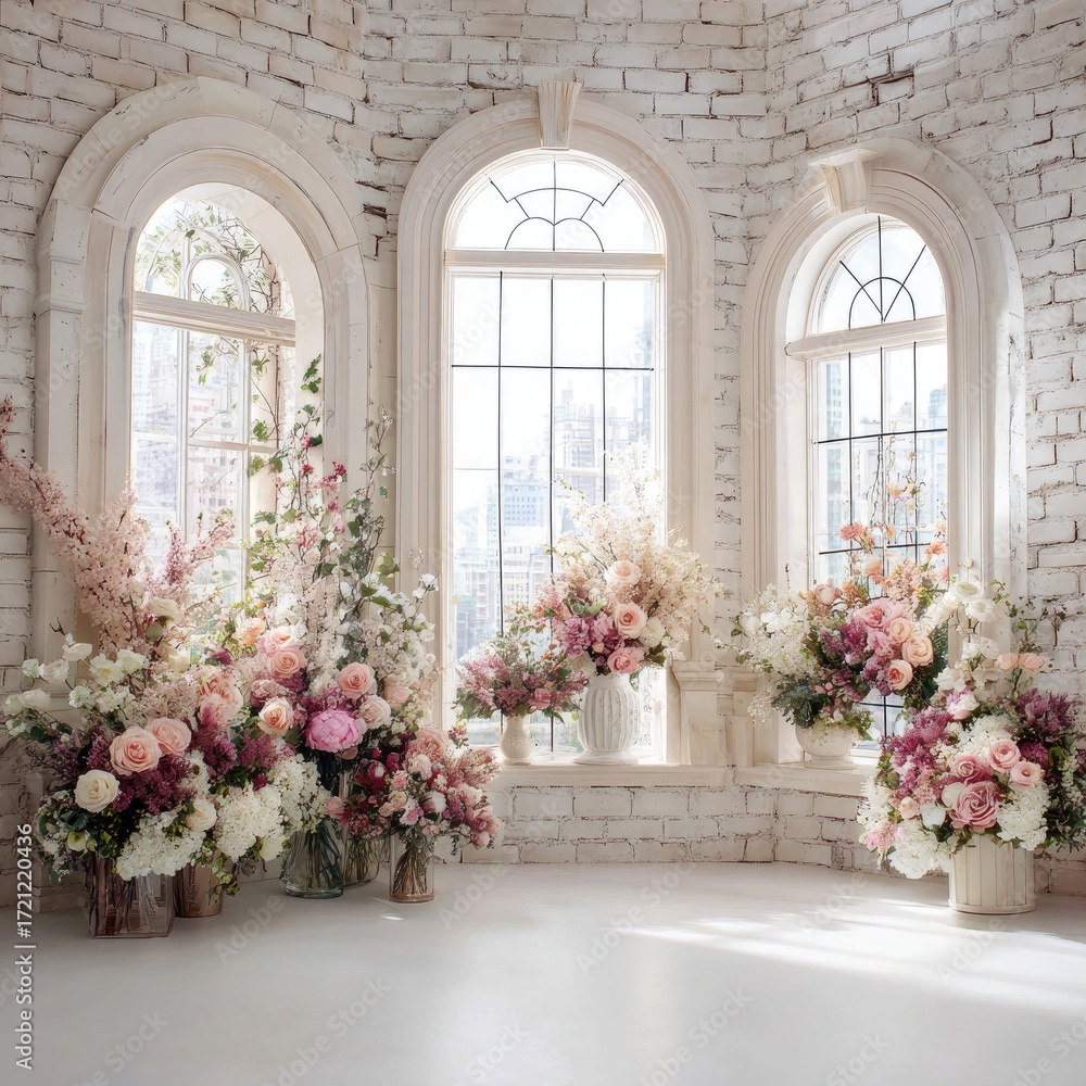 Fototapeta premium Floral arrangement in white room with windows