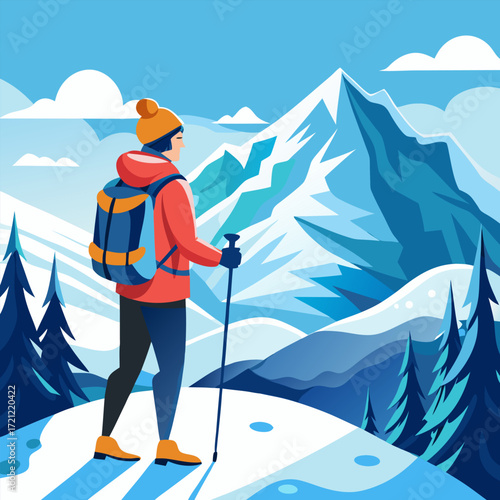 Winter Adventure Traveler Hiking in Snowy Mountains with Backpack – Outdoor Tourism and Alpine Landscape.