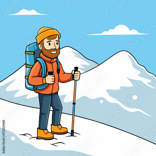 Winter Adventure Traveler Hiking in Snowy Mountains with Backpack – Outdoor Tourism and Alpine Landscape.