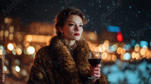 Woman in Fur Coat Enjoying Evening Drink in the Snow During a Festive Winter ...