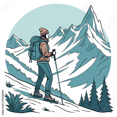 Winter Adventure Traveler Hiking in Snowy Mountains with Backpack – Outdoor Tourism and Alpine Landscape.