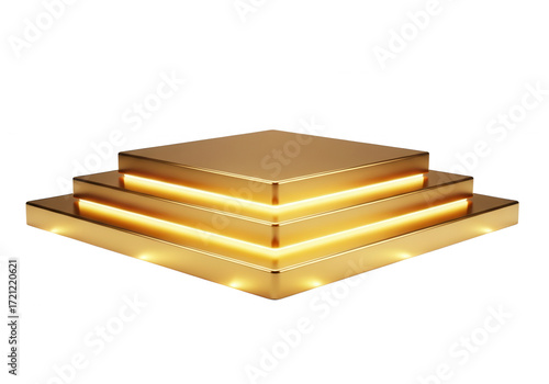 Golden podium with glowing edges isolated on transparent background, a luxurious platform for showcasing products or achievements