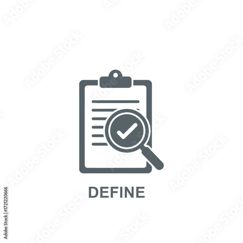 Flat icon of clipboard with document and magnifying glass icon, text define