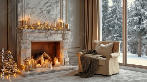 Cozy Winter Scene With a Fireplace and Candles in a Snowy Setting