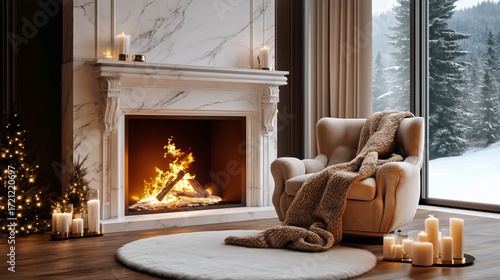 Cozy Winter Scene With a Fireplace and Candles in a Snowy Setting.