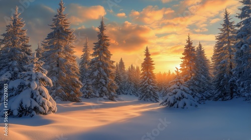 Winter Sunset Over a Snow-Covered Forest With Tall Evergreen Trees and Vibran...
