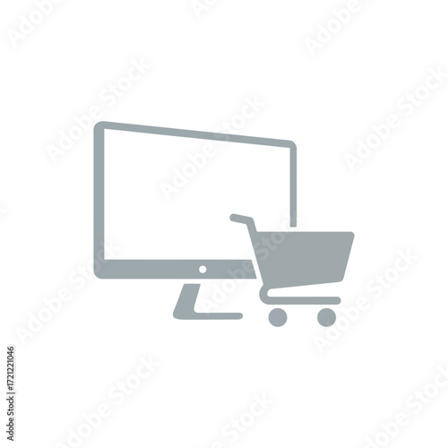 Flat icon of shopping cart in front of computer monitor