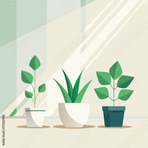 Three potted green plants on a windowsill with sunlight