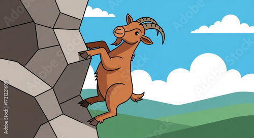 Cartoon mountain goat climbing a rock face illustration vector drawing for kids and children learning art
