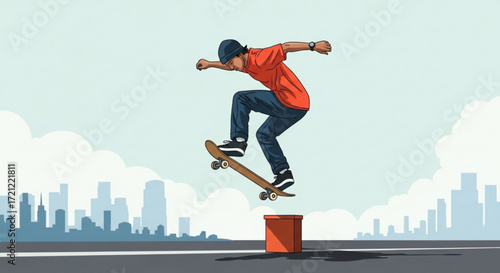 Skateboarder performing ollie trick over box in urban setting extreme sport skateboarding lifestyle illustration
