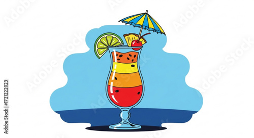 Tropical cocktail drink illustration with umbrella and fruit garnish summer vacation beverage design