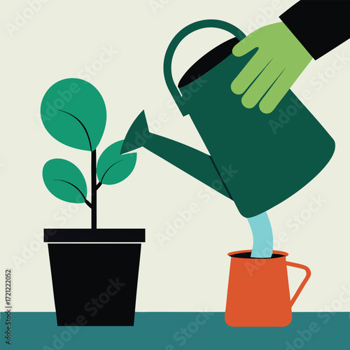 Watering Can Pouring Water into an Orange Mug plant