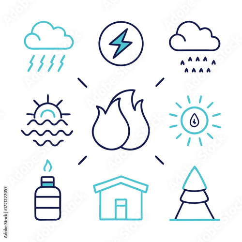 Weather and Element Icons with Blue and Navy Lines