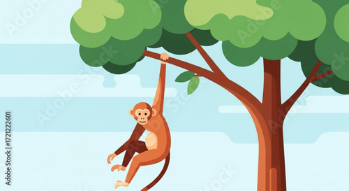 Monkey swinging from tree branch vector illustration for jungle animal and wildlife designs and graphics