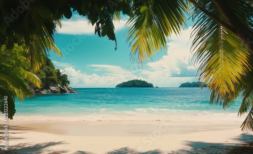 Serene Beach View With Palm Trees on a Sunny Day at Tropical Paradise