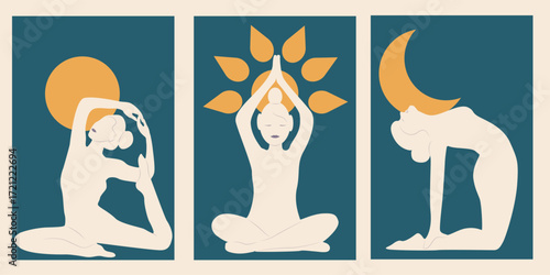 A set of yoga exercises. A healthy lifestyle, in harmony with yourself. Hand-drawn illustrations. Self-care, self-discovery, and the world around you. Female figures on a dark background.